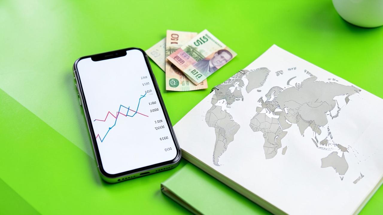 A phone, international currency and a world map